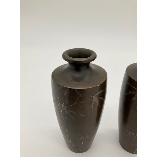 Vintage Japanese Silver Inlaid Bamboo Design Bronze Vase Set of 2 Meiji Period For Sale - Image 15 of 17