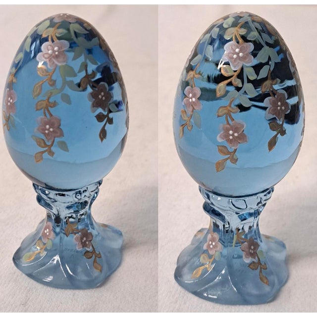 Glass Pair of Vintage Fenton Hand‑Painted Pedestal Eggs – Signed & Numbered Limited Editions For Sale - Image 7 of 12