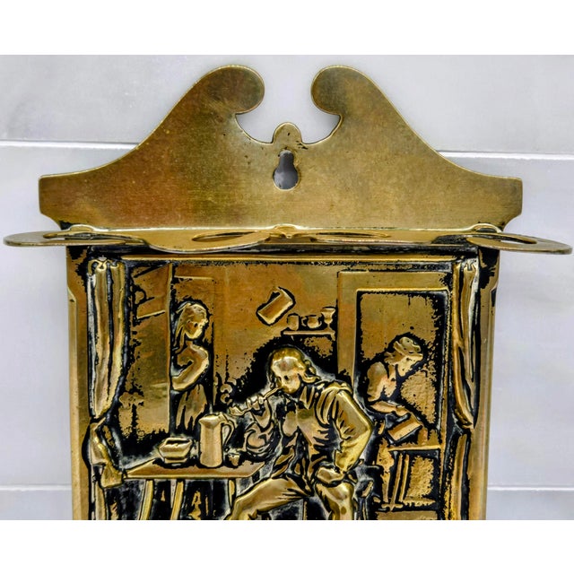 Early 20th Century Vintage European Brass Tavern Interior Brass Wall Match Holder, Repoussé Pub Scene Wall Pocket For Sale - Image 5 of 9