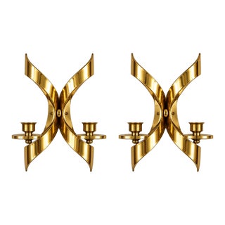 Vintage Mascot Pat Pending Gold Tone Mid-Century Modern Wall Candle Sconces, Pair For Sale
