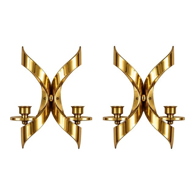 Vintage Mascot Pat Pending Gold Tone Mid-Century Modern Wall Candle Sconces, Pair For Sale