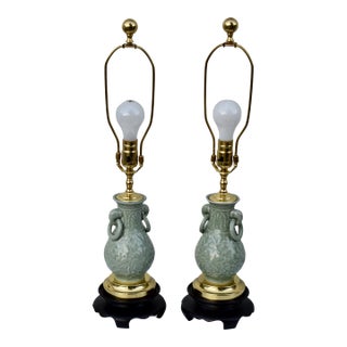 Vintage Celadon Porcelain Table Lamps Pair Mid Century Chinese Vase Style For Sale