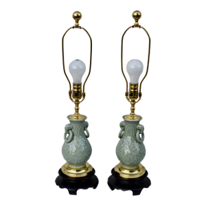 Vintage Celadon Porcelain Table Lamps Pair Mid Century Chinese Vase Style