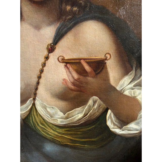 Wood 17th Century Framed Oil Painting Italian School Female With Garland of Flowers With Ewer and Cup For Sale - Image 7 of 14