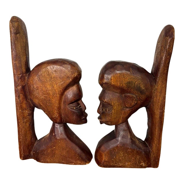 Vintage African Hand Carved Wood Couple Bust Bookends Tribal Folk Art 12" For Sale