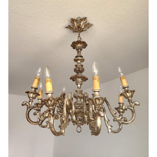 Ornamental & Decorative Materials Vintage Louis XV Silvered Gold-Plated Leaf Carved Wood Eight Light Chandelier with Floral Motifs, Italy, 1920s, Set of 2 For Sale - Image 7 of 18