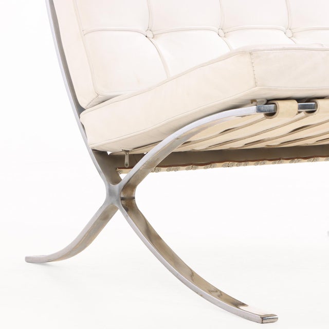 Metal Pair of Attributed Knoll International Barcelona Chairs With Matching Ottomans, C. 1988. For Sale - Image 7 of 10