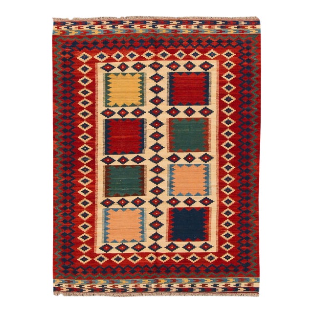 Beige Modern Kilim Flatweave Wool Rug With Geometric Pattern For Sale