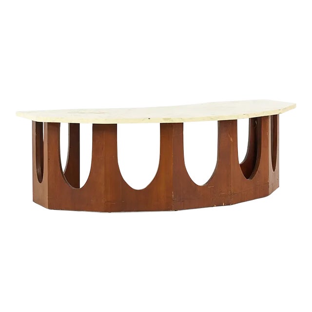 Harvey Probber Mid Century Walnut and Travertine Half Crescent Moon Coffee Table For Sale