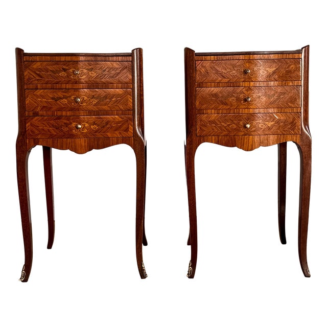 Mid-Century French Louis XV Style Marquetry Nightstands, 1950s, Set of 2 For Sale