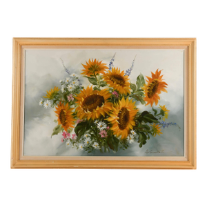 Framed Signed Sunflower Spray Oil Painting on Canvas