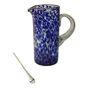 2000s Blue and White Glass Cocktail Mixer Pitcher With Glass Stirrer