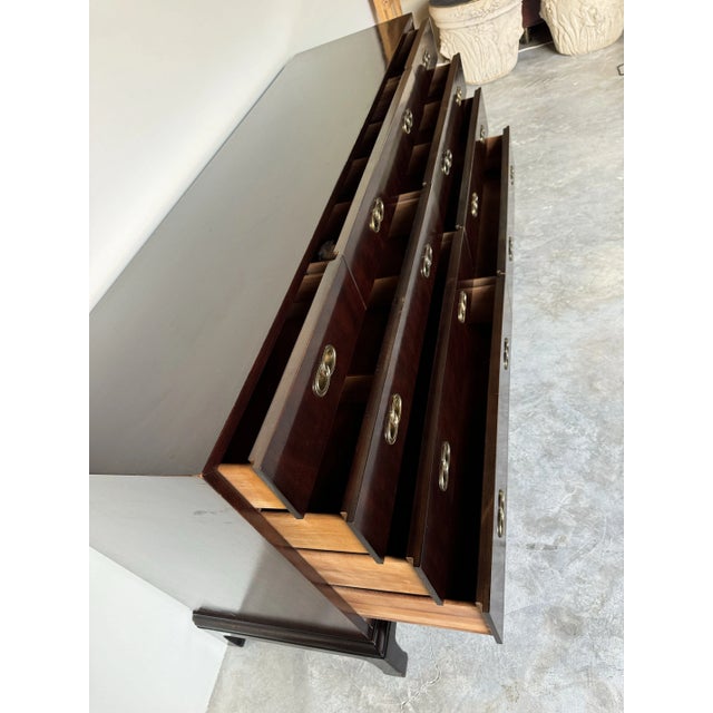 Brown 70's Hollywood Regency Michael Taylor for Henredon Mahogany Dresser With Brass Hardware/Sold For Sale - Image 8 of 12