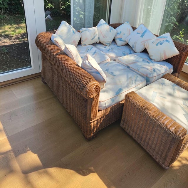 Henry Link Vintage 1980s Postmodern Heavy Rattan Demi-Lune Lounge Set With Original Pastel Brushstroke Cushions - 3 Pieces For Sale - Image 4 of 10