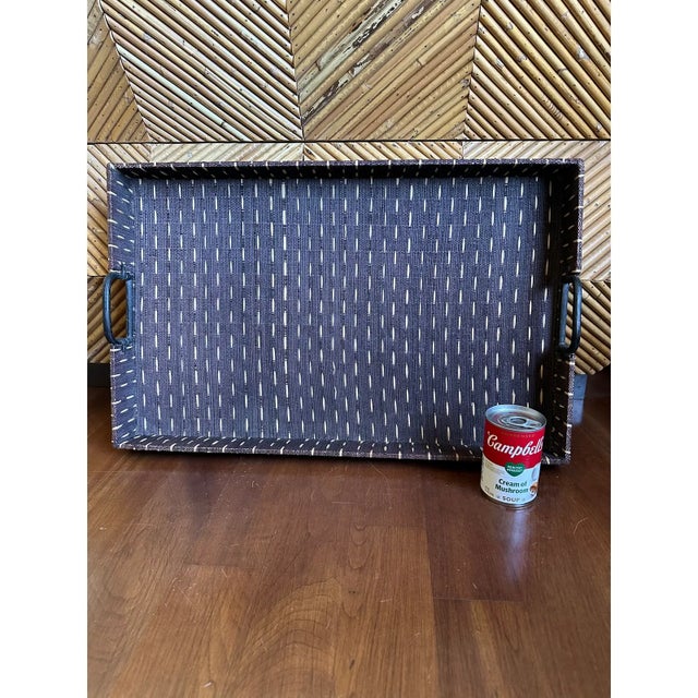 Vintage Large 21” Chocolate Brown & Tan Grasscloth Tray With Blackened Wood Handles For Sale - Image 16 of 17