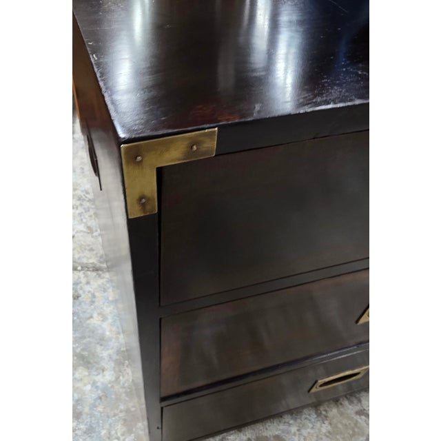 Mid 20th Century Hollywood Regency Campaign Style Ebonized Mahogany Credenza With Recessed Brass Pulls and Corner Mounts, 1970s For Sale - Image 5 of 15