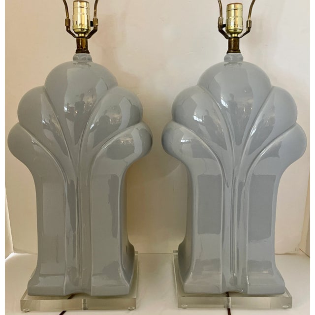 Pair of Large Art Deco Style Glossy Ceramic Table Lamps From 80's For Sale In Miami - Image 6 of 6