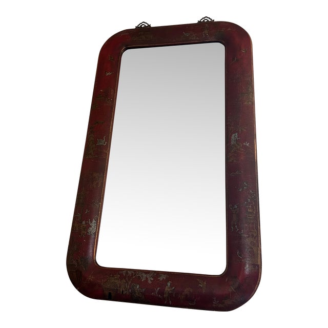 1950s Hand Painted Leather Over Wood Chinoiserie Mirror For Sale