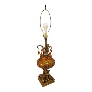 Hollywood Regency Dopamine Decor Table Lamp Gold Art Glass Cherub Base Crystal Prisms For Sale