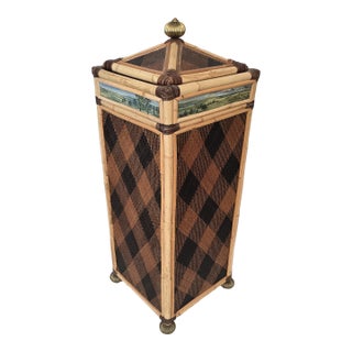 Late 20th Century MacKenzie-Childs Bamboo & Rattan Laundry Hamper With Painted Panels For Sale