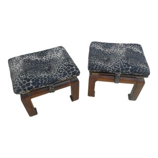 Leopard Print Solid Mahogany Ottoman / Stools - a Pair For Sale
