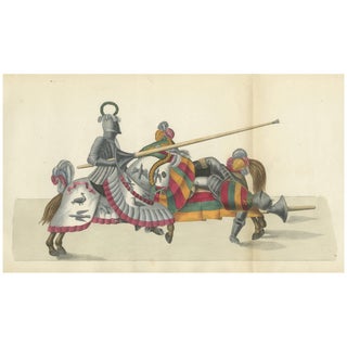 Hand-Coloured Jousting Scene: Armoured Knight and Striped Caparisoned Horse 1842 For Sale