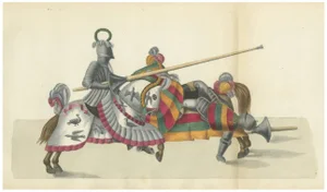 Hand-Coloured Jousting Scene: Armoured Knight and Striped Caparisoned Horse 1842