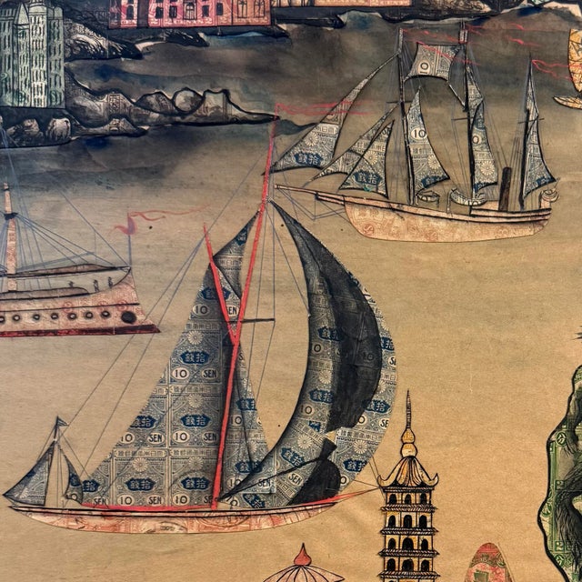 '1920's Chinese Port With Biplane Overhead', Early 20th Century Chinese School, Philately, Postage Stamp Collage For Sale In Monterey, CA - Image 6 of 16