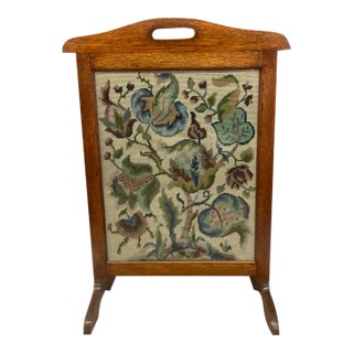 Possibly Antique Arts & Crafts Oak Fire Screen With Hand-Stitched Floral Needlepoint, Likely Early 20th Century. For Sale