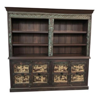 Farmhouse Style Antique Door & Carvings Repurposed 89" Wide Bookcase Sideboard For Sale