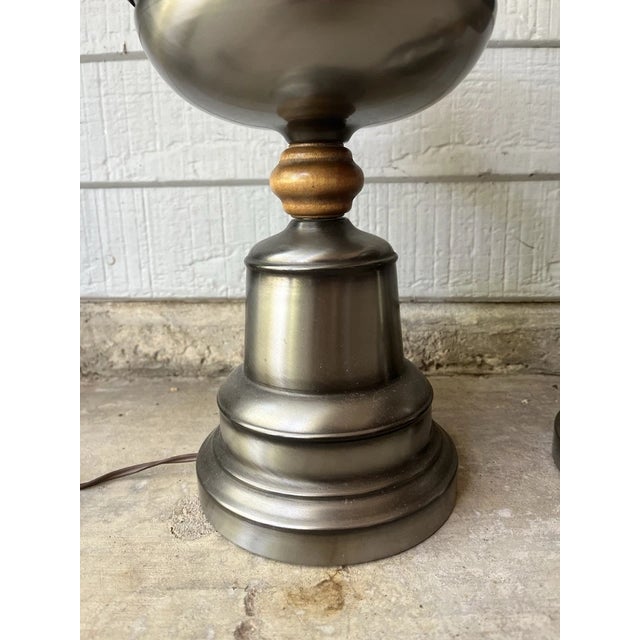 Mid-Century Modern 1960s Mid-Century Hollywood Regency-Style Wood & Gray Metal Leviton Lamps - a Pair For Sale - Image 3 of 10