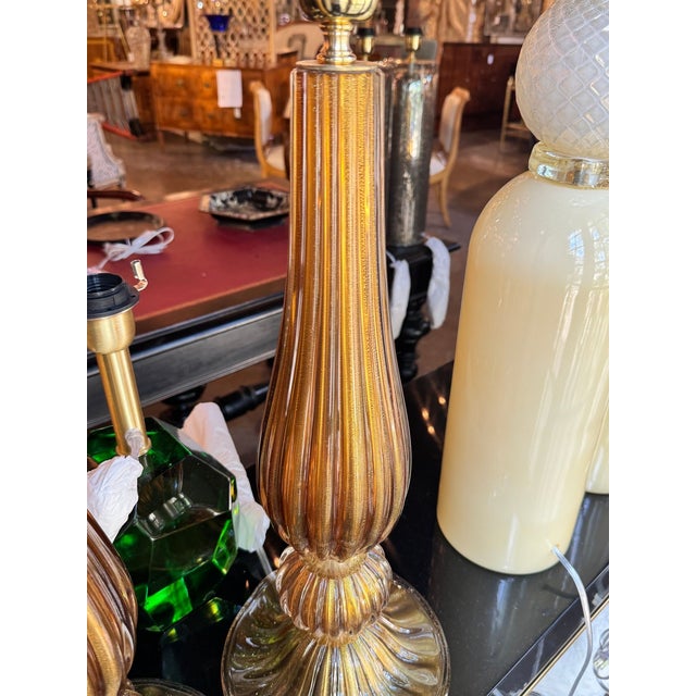Modern Murano Amber and Gold Glass Lamps - Pair For Sale - Image 4 of 6