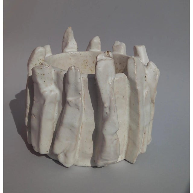 Contemporary 5.9" by 7" by 6.7" One-of-a-Kind Neutral Palette Hand Built Glazed Ceramic Planters by Diane Grant - Set of 2 / Plant Stands For Sale - Image 3 of 12