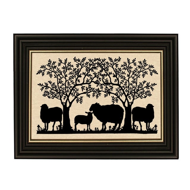 American Framed "Sheep Under Tree" Paper Silhouette in Solid Wood Antique Black Frame With Gold Accent For Sale - Image 3 of 3