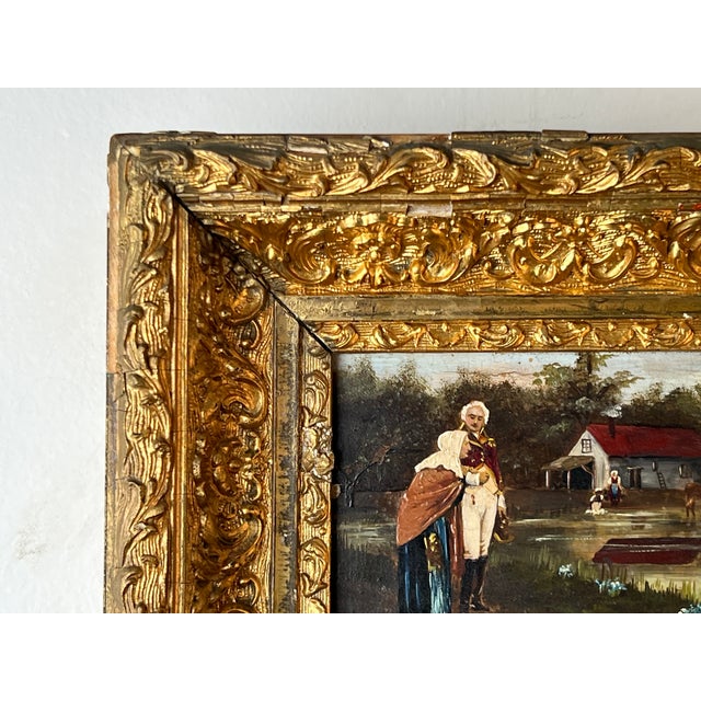Antique Oil on Canvas Small Format Painting of Military Officer Escorting an Old Woman C. 19th Century For Sale In Boston - Image 6 of 9
