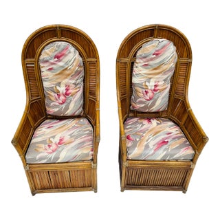 1980s Vintage Lewittes Rattan Hollywood Regency Wing-Back Chairs - a Pair For Sale