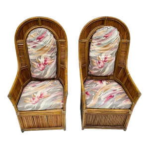 1980s Vintage Lewittes Rattan Hollywood Regency Wing-Back Chairs - a Pair