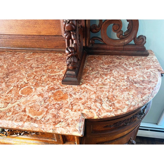 Early 20th Century Victorian Carved Oak Sideboard Buffet Cabinet With Marble Top For Sale - Image 10 of 10