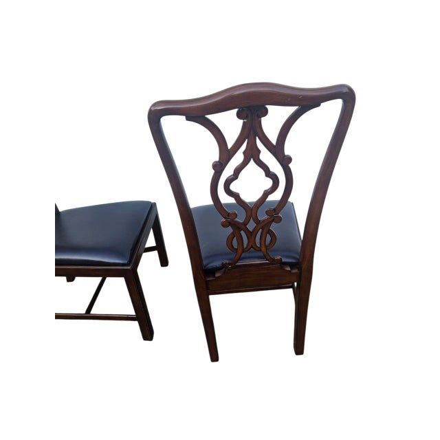 Chippendale 2 Chippendale Dining Room Side Chairs 18th Century Mahogany Navy Leather Carved For Sale - Image 3 of 10