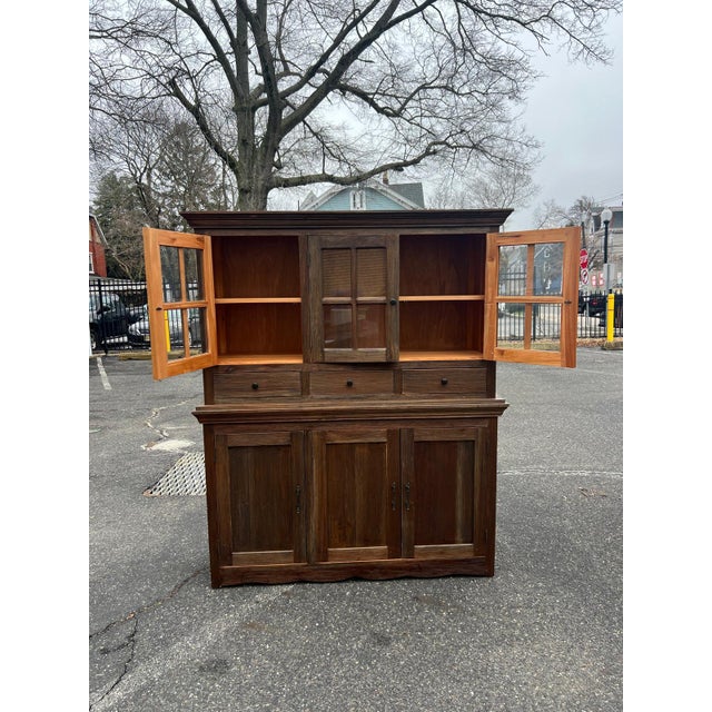 Brown Rustic Wood Hutch Cabinet With Glass Doors and Drawers For Sale - Image 8 of 9