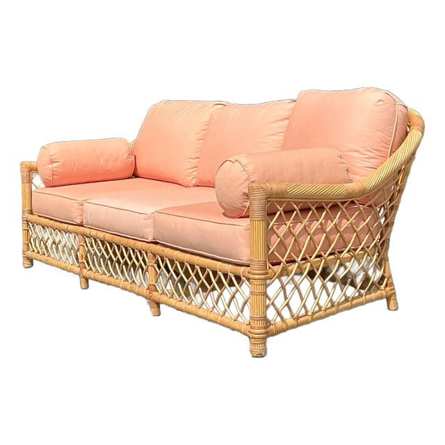 Vintage Coastal McGuire Trellis Rattan Sofa For Sale