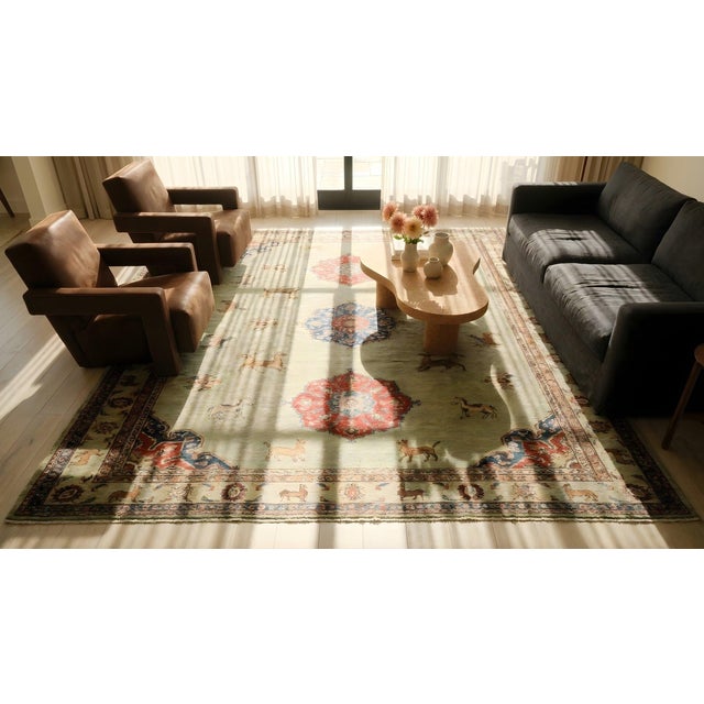 1880s Green Pistacho Animal Scene Antique n.e. Persian Khorassan Moud Rug 9'9" X 12'2" Handknotted Wool Carpet For Sale - Image 10 of 12