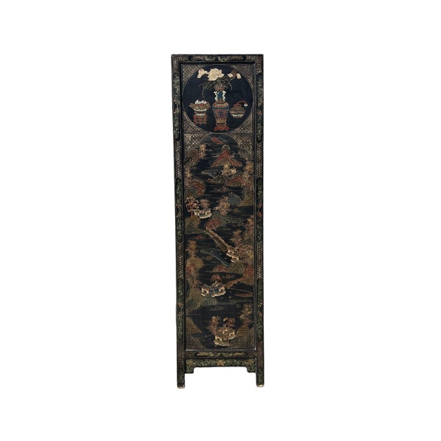 Wood Vintage Oriental Black Lacquer Color Flower Vases Graphic Storage Cabinet For Sale - Image 7 of 11