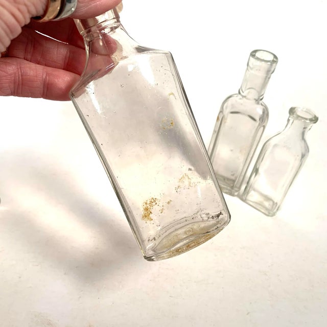 Shabby Chic Vintage Clear Glass Apothecary Medicine Bottles Collection of 5 For Sale - Image 3 of 12