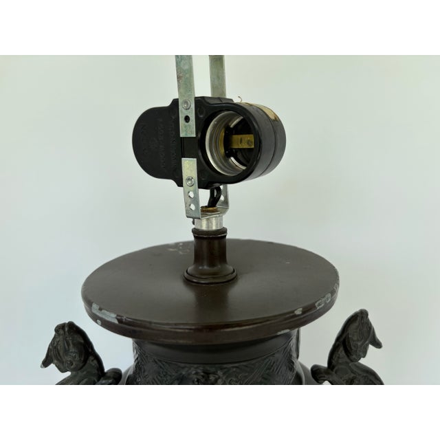 1980s Asian-Inspired Bronze-Tone Metal Vase Lamp With Dragon & Bird Relief, Tripod Base For Sale - Image 12 of 12
