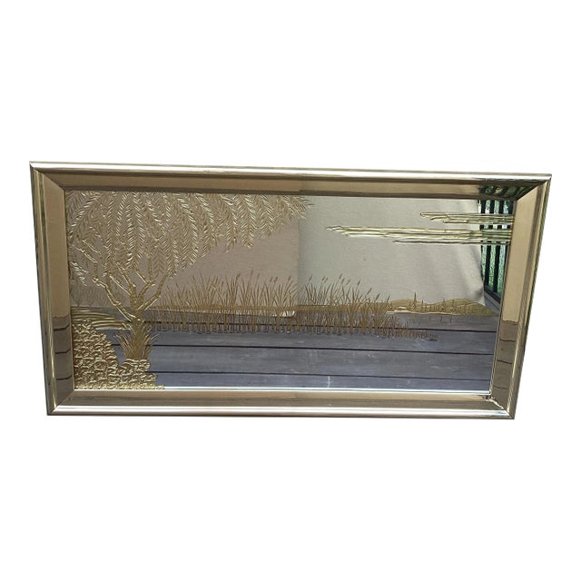 Mid 20th Century Huge Asian Inspired Etched Gold Wall Mirror For Sale