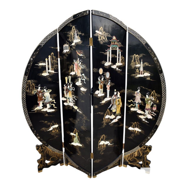 4 Panel Room Divider Vintage Chinese Coromandel Round Screen Black Lacquer For Sale