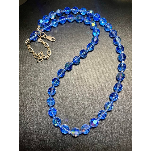 Cornflower Blue MCM Jewelry in Swarovski Styled Leaded Crystal Cornflower Blue Necklace With Aurora Borealis Peacock Iridescence Sterling Silver Clasp For Sale - Image 8 of 9