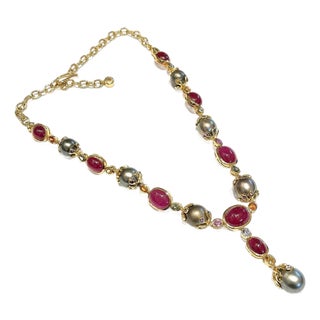 Bochic "Capri" Vintage Ruby, Sapphire, South-sea Pearl Necklace 18K Gold & Silver For Sale