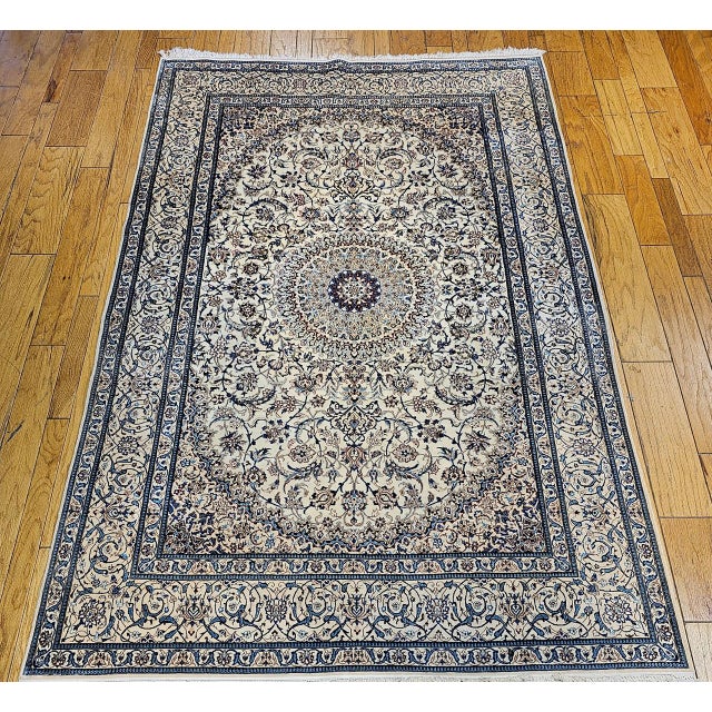 Textile Vintage Exceptionally Fine Persian Nain Habibian Area Rug, Hand-Knotted Wool & Silk, Floral Pattern, 6x10, Ivory & Blue For Sale - Image 7 of 9